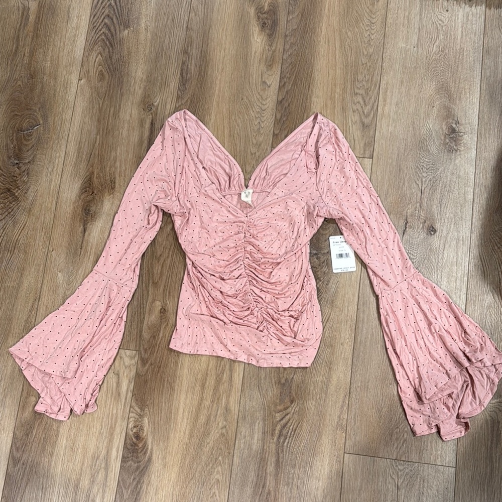 Free People Pink Bell Sleeve Ruched Blouse